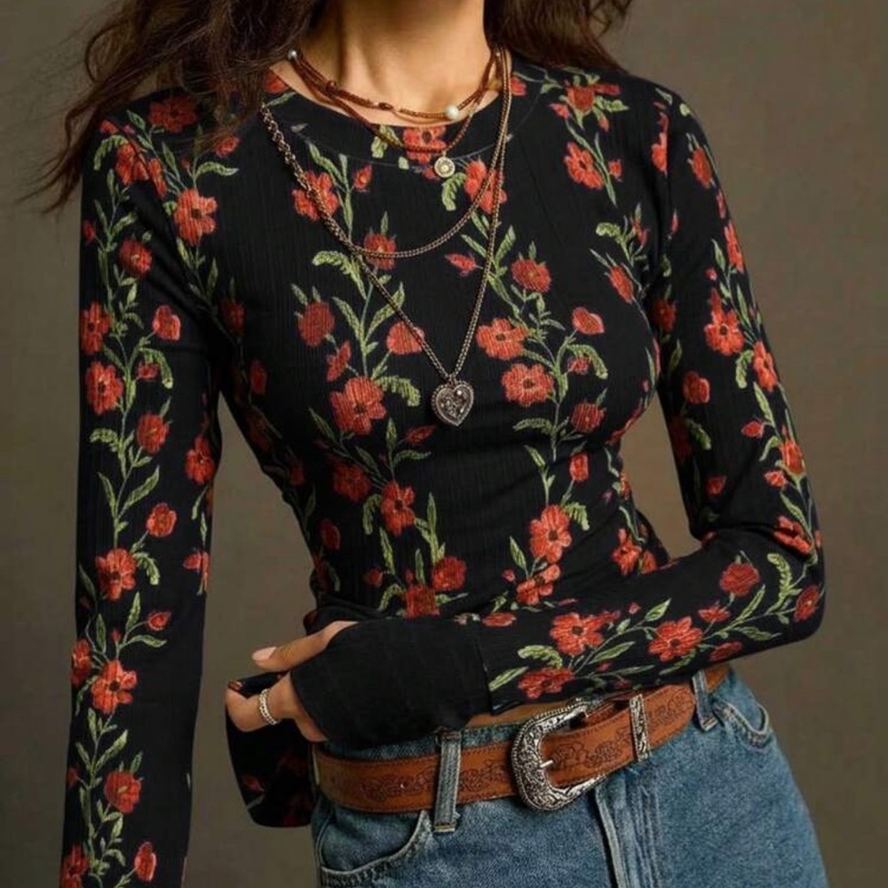 Boho Black Floral Print Crew Neck Long Sleeve Thumbhole Top XS S M L
